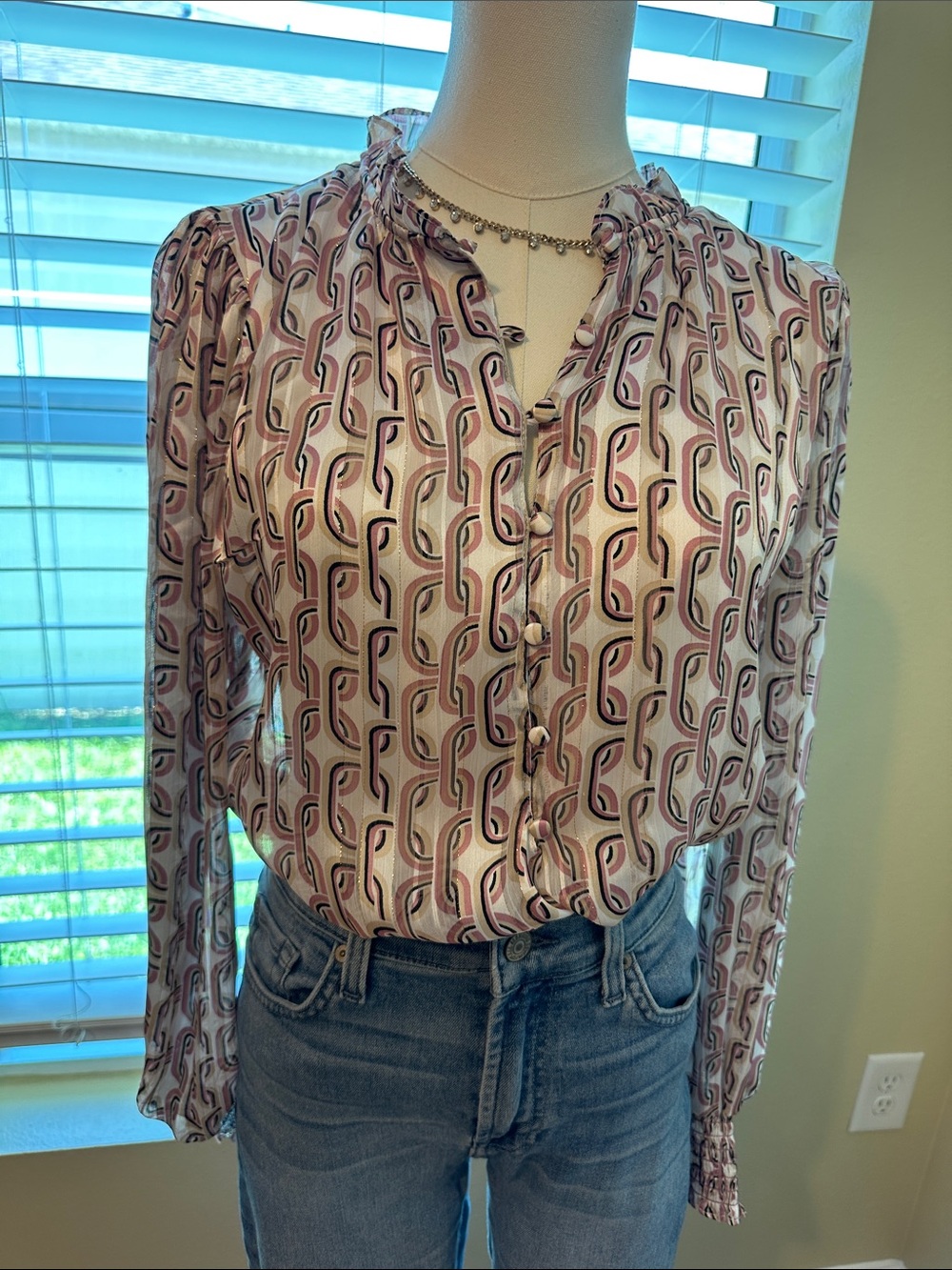 Autres Filles Womens Pink Geometric Print Button-Front Blouse M